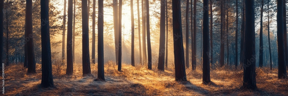 Poster Golden sunlight filters through tall pine trees in a serene forest at dawn creating a magical atmosphere. Generative AI
