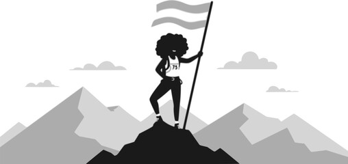 vector black woman standing on mountain with waving flag .Generative AI
