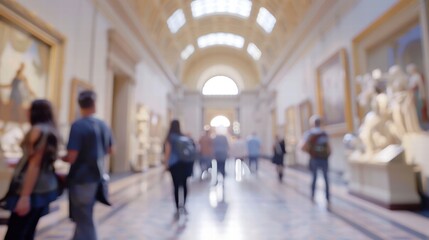 Blurred museum hall with an artistic ambiance and soft warm lighting.