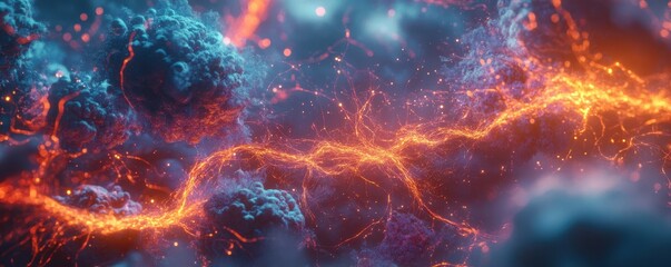 Glowing neural network with intense energy pathway and abstract organic structures