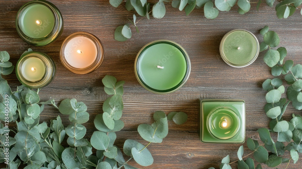 Poster set in a tranquil indoor space, eucalyptus scented candles emit a calming glow, paired with fresh gr