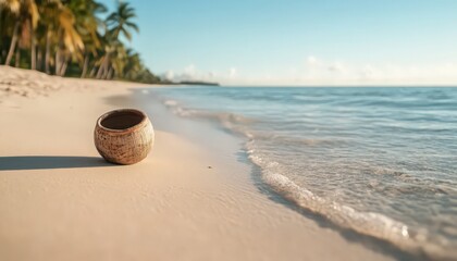 Seashell on Sandy Tropical Beach at Sunrise