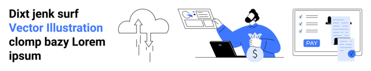 Cloud upload icon, man managing finances with cash and laptop, online payment screen. Ideal for fintech, cloud computing, digital transactions, e-commerce, budgeting, SaaS tools abstract line flat