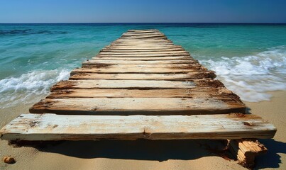 Wooden pier extending into turquoise ocean; waves lapping shore; serene beach; travel postcard