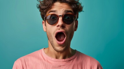 A man wearing sunglasses with a surprised expression on a bright background, perfect for accessories adverts or creative social media posts.