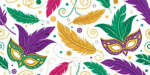Carnival or mardi gras background with mask, elements for wrapping paper, prints, wallpaper, background, transparent 
