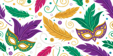 Carnival or mardi gras background with mask, elements for wrapping paper, prints, wallpaper, background, transparent