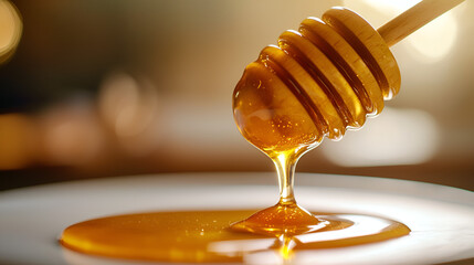 Golden honey drips from a wooden dipper, creating a sweet pool on a white plate. Natural sweetener.