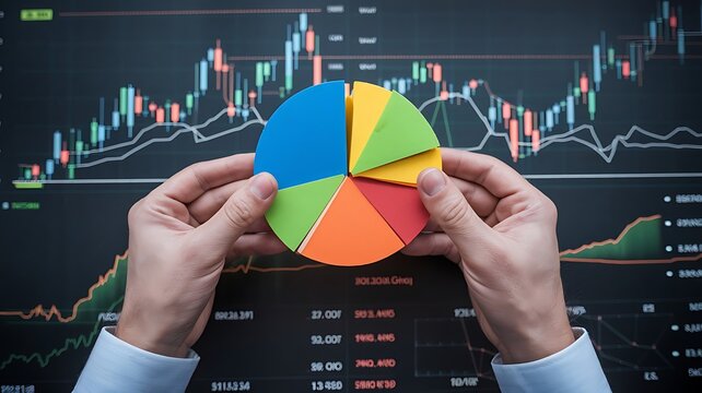 Investment portfolio management. Diversified strategy using stocks, bonds and commodities. Pie chart and candlestick charts.