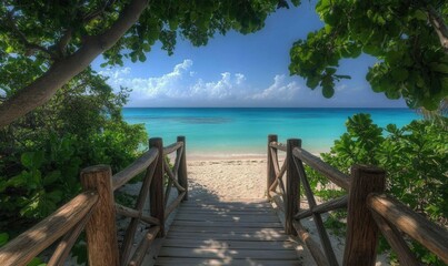 Obraz premium Wooden walkway to secluded beach, turquoise water, tropical foliage