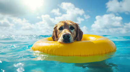 A dog is in a yellow inflatable pool in the ocean