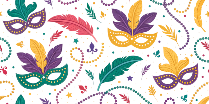 Mardi Gras composition with masks, crowns, and hat hanging, elements for wrapping paper, prints, wallpaper, background, transparent