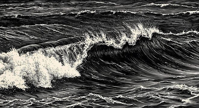 Dramatic Ocean Wave with Swirling Foam, Showcasing the Power and Beauty of the Sea, Black and White Sketch Engraving, Scratch Board Imitation, Raster Illustration