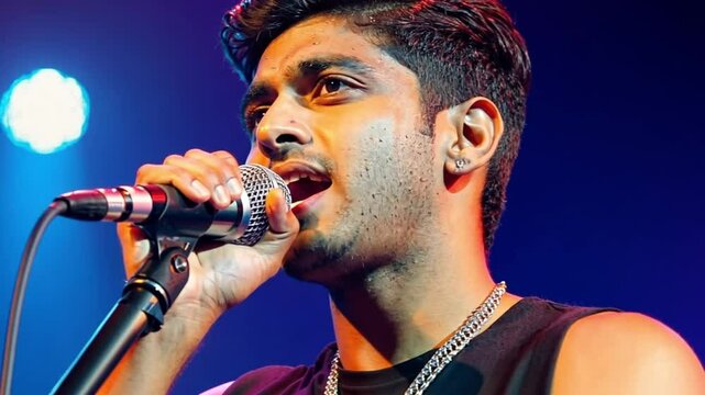 A young indian male singer passionately delivers a melody into the microphone under vibrant lights. Concept of musical artistry, expressive energy, and dynamic showmanship.