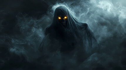 Dark ghostly figure with glowing eyes emerging from smoke or mist, perfect for halloween or horror themes. Flickering Phantoms in the Mist. Illustration