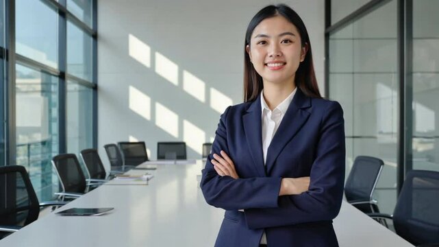 A young asian businesswoman with folded arms stands at the head of a sunlit boardroom table. Concept of leadership, professional presence, and modern corporate vision.