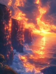 Cliffside Sunset: The sun paints the sky and ocean in fiery hues, illuminating the rugged cliffs as the day ends, reflecting a mesmerizing sunset over the water.