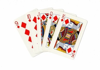 A poker hand of playing cards showing a straight flush.