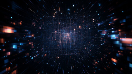 Naklejka premium Data Stream: A dynamic digital realm comes to life, pulsating with the vibrant energy of interconnected data, symbolized by a captivating array of glowing particles and interconnected lines.