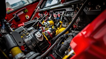 Hydraulic system under maintenance, with open valve controls and high-pressure hoses detached