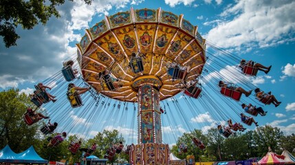 Amidst the bustling carnival midway, joyful riders soar high on a thrilling swing ride, laughter filling the air as bright colors shine under the cheerful blue sky