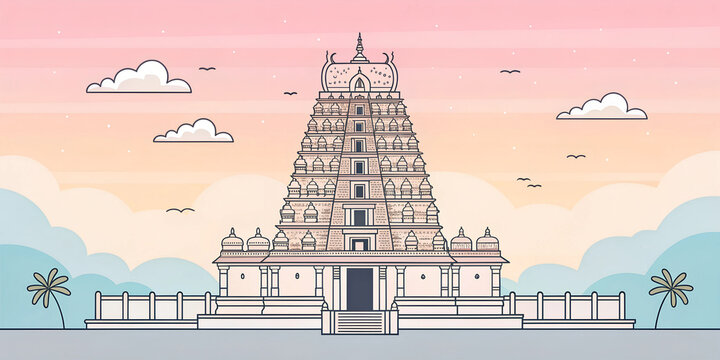  vector-style outline of a Dravidian temple gopuram (tower) with a pastel sky  generative ai
