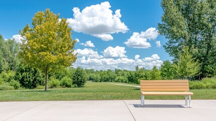 Park bench, sunny day, green landscape, peaceful scene, nature relaxation