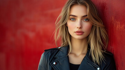 Fototapeta premium Stylish woman in black leather jacket confidently posing under soft window light, captured in a headshot with a blurred red background, expressing modern fashion and elegance
