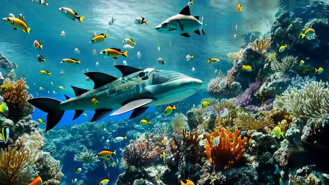 Exploring a vibrant coral reef ecosystem with a submarine observing colorful marine life, 4k video from illuminator of submarine of colorful coral reef and schools of tropical fishes