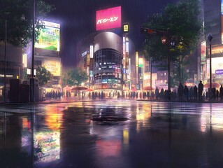 Fototapeta premium Shibuya Nights: Captivating the electric energy of Shibuya at night, showcasing vibrant lights reflecting off wet streets, and an ambiance of urban excitement.
