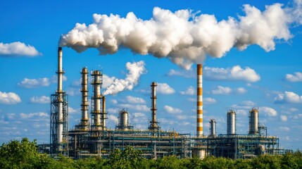 Obraz premium Industrial smokestacks emitting controlled steam emissions from a petrochemical complex