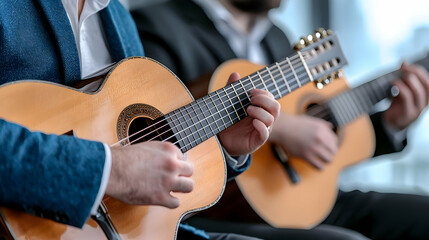 Obraz premium Guitarists performing duet, close-up hands, office background, music event