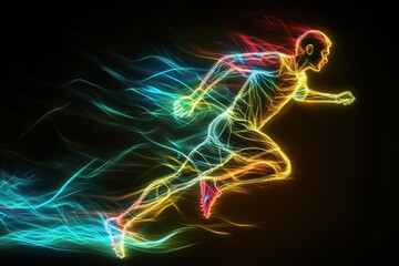  A stunning depiction of a person running, created with glowing neon lines symbolizing energy, speed, and movement