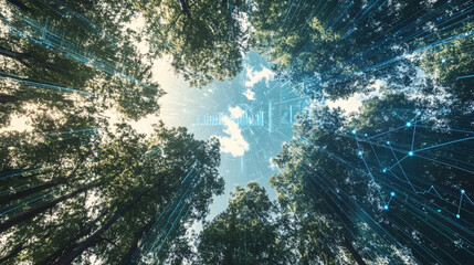 Fototapeta premium A futuristic forest canopy with glowing blue digital network lines connecting treetops symbolizing the fusion of nature and technology 