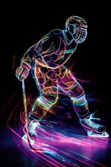  Colorful Neon Wireframe of a Hockey Player in Action on Ice
