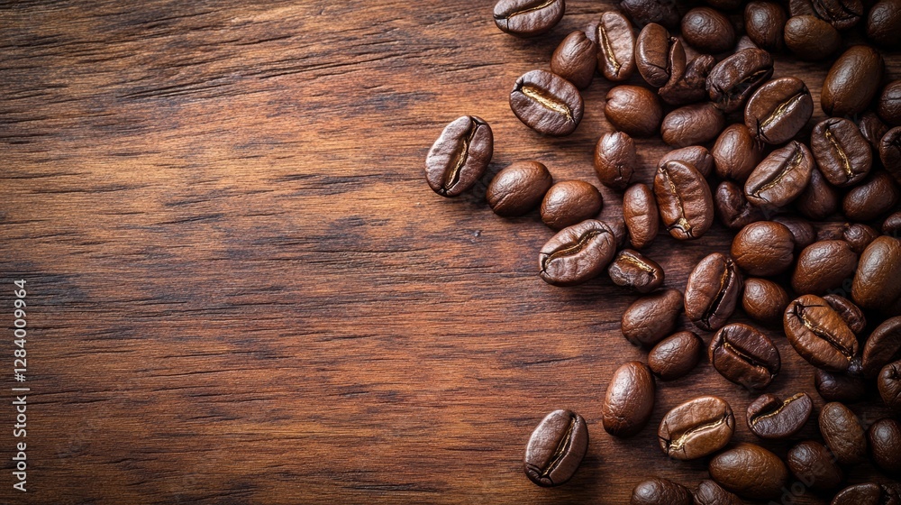 Poster dark roasted coffee beans scattered over a wooden table with rich texture and natural grain patterns