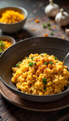 Delicious saffron risotto beautifully plated on rustic wooden table, cozy vibe