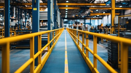 Fototapeta premium Safety railing and anti-slip flooring installed along a high walkway in a factory