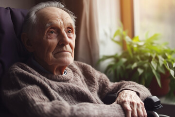 Close up of an old man in a wheelchair looking concerned. Blurred Background.