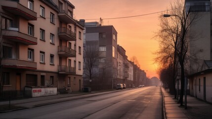 Obraz premium City Street at Golden Hour with Apartment Buildings and Vehicles Along Road during Sunset
