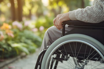 Close up of a person in a wheelchair enjoying the outdoor sun. The person is sitting in the wheelchair and the left arm is visible. Blurred background with nature.
