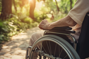 Close up of a man in a wheelchair enjoying the outdoor sun. He is sitting in the wheelchair and his left arm is visible. Blurred background with outdoor scenery.