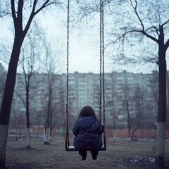 Solitary Child on Swing in Gloomy Urban Park Setting with Apartment Blocks in the Background