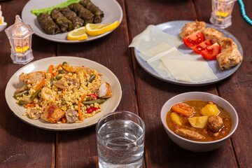 Set table Ramadan iftar Eid al fitr prayer beads, dolma, khinkal, bulgur