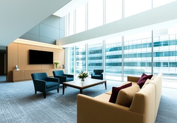 Fototapeta premium A contemporary waiting room features a tan sofa with purple pillows, teal armchairs around a wooden coffee table adorned with flowers. Natural light