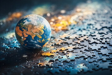 Small Earth Globe on a Surface of Scattered Puzzle Pieces – Symbolizing Global Issues and Unity