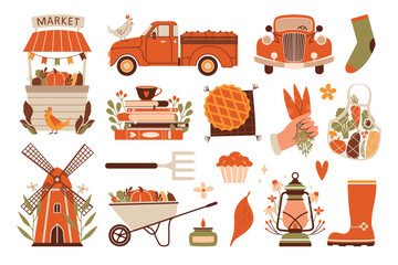 Collection of autumn clip arts with vintage car, pickup truck, harvest, windmill, hen, boots, crop, books. Cute cozy vector illustrations with autumn plants, pie, hand holding bunch of carrots. 