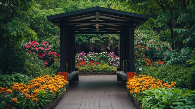 Toll booth near the entrance to a serene botanical garden with vibrant flowers. Featuring nature and tranquility