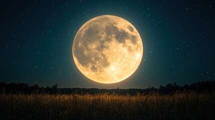 Fototapeta premium Majestic Full Moon Over Golden Field Under a Starlit Night Sky