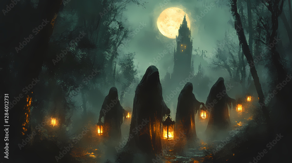 Wall mural a procession of hooded figures holding glowing lanterns in a misty forest under a full moon, creatin